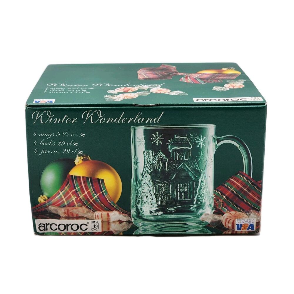Arcoroc France Winter Wonderland Mugs 9 3/4 oz Crystal Christmas Glass (4) USA